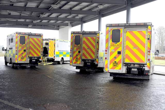 Ambulances  waiting at a Scottish hospital A&E (Pic: Michael Gillen)