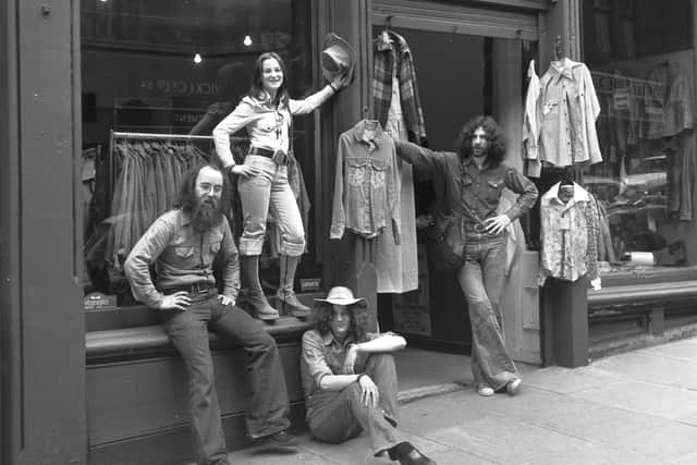 Thom McCarthy and staff outside the Great Western Trading Co denim emporium, Cockburn Street, in June 1973.