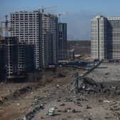 A view to the site of an explosion as a result of a missile strike into the Retroville shopping mall in Kyiv, Ukraine.