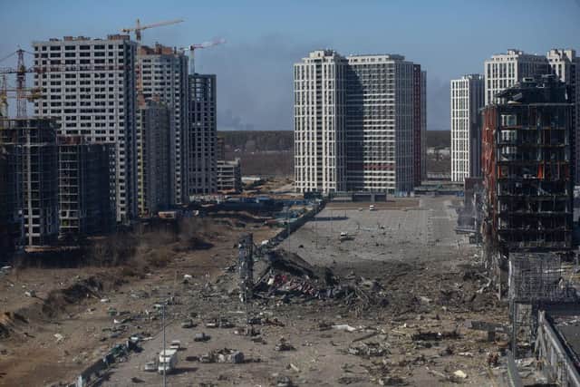 A view to the site of an explosion as a result of a missile strike into the Retroville shopping mall in Kyiv, Ukraine.