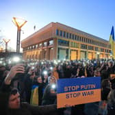 Protesters hold a demonstration against the Russian invasion of Ukraine at Independence Square in Vilnius, Lithuania, on March 24 (Picture: Petras Malukas/AFP via Getty Images)