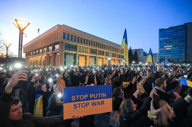 Protesters hold a demonstration against the Russian invasion of Ukraine at Independence Square in Vilnius, Lithuania, on March 24 (Picture: Petras Malukas/AFP via Getty Images)