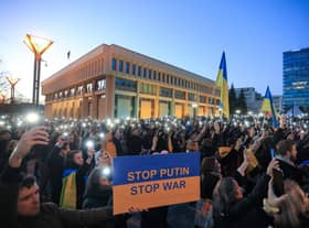 Protesters hold a demonstration against the Russian invasion of Ukraine at Independence Square in Vilnius, Lithuania, on March 24 (Picture: Petras Malukas/AFP via Getty Images)