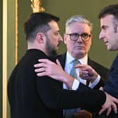 Ukrainian President Volodymyr Zelensky, UK Prime Minister Sir Keir Starmer and French President Emmanuel Macron at the meeting of European leaders in London.