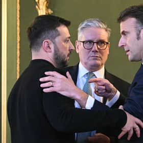 Ukrainian President Volodymyr Zelensky, UK Prime Minister Sir Keir Starmer and French President Emmanuel Macron at the meeting of European leaders in London.