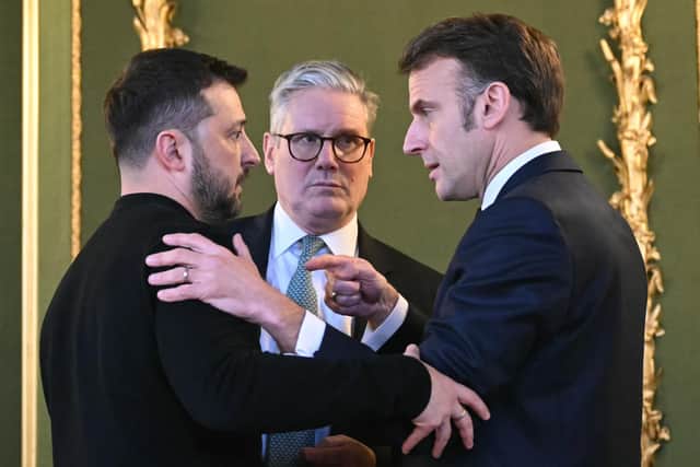 Ukrainian President Volodymyr Zelensky, UK Prime Minister Sir Keir Starmer and French President Emmanuel Macron at the meeting of European leaders in London.