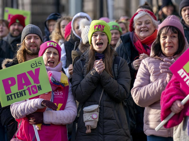 Members of the EIS demonstrate outside Bute House in Edinburgh as teachers from secondary schools around Scotland are shut as members of the EIS and SSTA unions take strike action in a dispute over pay.