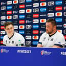 Scotland prop Zander Fagerson, right, with team-mates Jamie Ritchie, left, and Rory Darge at a press conference at the Velodrome stadium in Marseille ahead of the France 2023 Rugby World Cup.   (Photo by CLEMENT MAHOUDEAU/AFP via Getty Images)