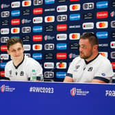 Scotland prop Zander Fagerson, right, with team-mates Jamie Ritchie, left, and Rory Darge at a press conference at the Velodrome stadium in Marseille ahead of the France 2023 Rugby World Cup.   (Photo by CLEMENT MAHOUDEAU/AFP via Getty Images)
