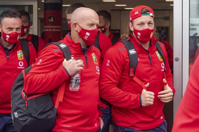 Gregor Townsend and Hamish Watson arrive at Edinburgh airport for Saturday's match against Japan. Picture: Mark Scates/SNS