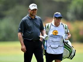 David Drysdale and wife/caddie during the Kenya Savannah Classic earlier this year. Picture: Stuart Franklin/Getty Images.
