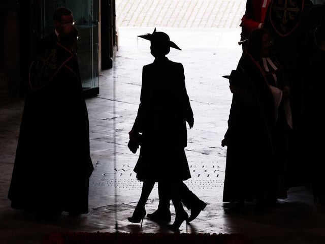 LONDON, ENGLAND - SEPTEMBER 19: Catherine, Princess of Wales, Princess Charlotte of Wales, Prince George of Wales arrive at the State Funeral of Queen Elizabeth II, held at Westminster Abbey, on September 19, 2022 in London, England.  Elizabeth Alexandra Mary Windsor was born in Bruton Street, Mayfair, London on 21 April 1926. She married Prince Philip in 1947 and ascended the throne of the United Kingdom and Commonwealth on 6 February 1952 after the death of her Father, King George VI. Queen Elizabeth II died at Balmoral Castle in Scotland on September 8, 2022, and is succeeded by her eldest son, King Charles III. (Photo by Jack Hill - WPA Pool/Getty Images)
