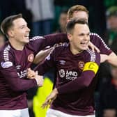 Hearts' Lawrence Shankland celebrates with Barrie McKay and Kye Rowles after making it 1-0 during a cinch Premiership match between Hibernian and Heart of Midlothian at Easter Road, on December 27, 2023, in Edinburgh, Scotland.  (Photo by Alan Harvey / SNS Group)