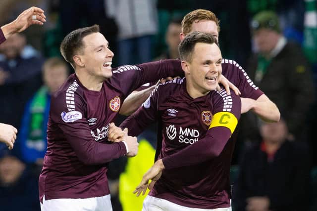 Hearts' Lawrence Shankland celebrates with Barrie McKay and Kye Rowles after making it 1-0 during a cinch Premiership match between Hibernian and Heart of Midlothian at Easter Road, on December 27, 2023, in Edinburgh, Scotland.  (Photo by Alan Harvey / SNS Group)