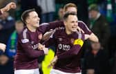 Hearts' Lawrence Shankland celebrates with Barrie McKay and Kye Rowles after making it 1-0 during a cinch Premiership match between Hibernian and Heart of Midlothian at Easter Road, on December 27, 2023, in Edinburgh, Scotland.  (Photo by Alan Harvey / SNS Group)
