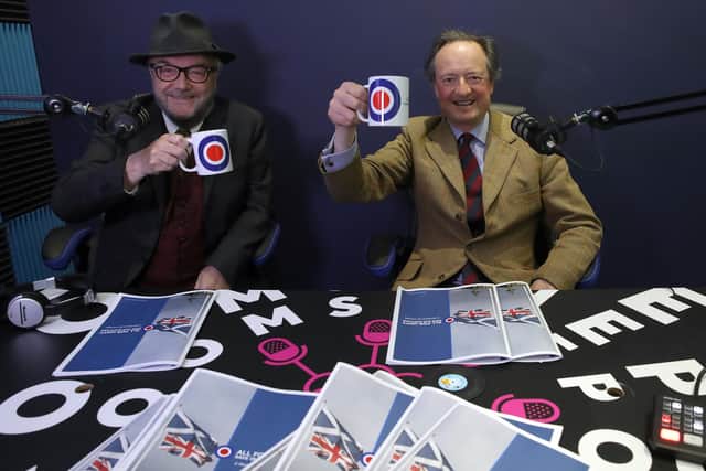 George Galloway and Jamie Blackett(r) during the launch of the Alliance 4 Unity party's manifesto for the Scottish Parliamentary election in April 2021.