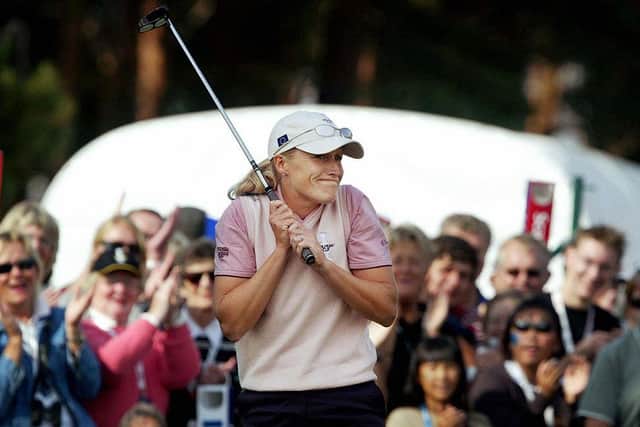 Janice Moodie reacts to a roar from the crowd after making a birdie during the 2003 Solheim Cup in Sweden. Picture: Ola Torkelsson/AFP via Getty Images.
