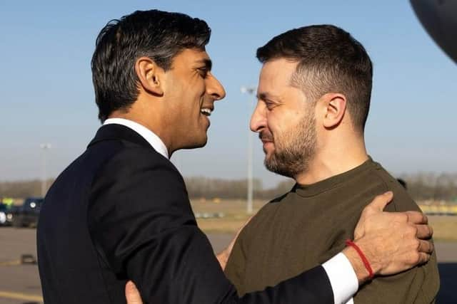 Rishi Sunak greets Ukrainian President Volodymyr Zelensky on his arrival in the UK