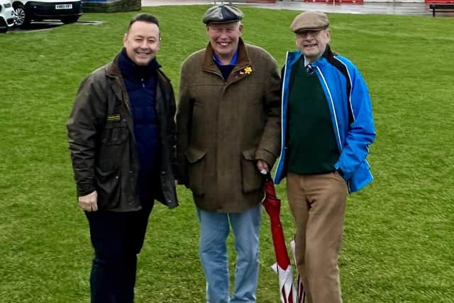 Old Tom Statue Project Group chair Ronald Sandford, centre, flanked by Roger McStravick and David Hamilton on the St Andrews site.