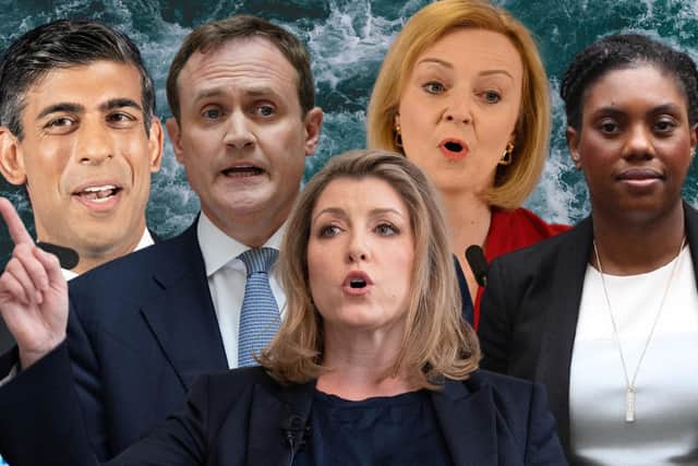 The candidates running in the Tory leadership race, from left: Rishi Sunak, Tom Tugendhat, Penny Mordaunt, Liz Truss, Kemi Badenoch (Photos: PA/ Getty Images)