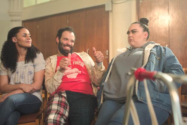 Raffie Julien as Esther, Tim Renkow as Tim and Sharon Rooney as Ruth. Picture : PA Photo/BBC/Roughcut TV/Adam Lawrence