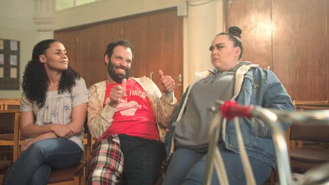 Raffie Julien as Esther, Tim Renkow as Tim and Sharon Rooney as Ruth. Picture : PA Photo/BBC/Roughcut TV/Adam Lawrence