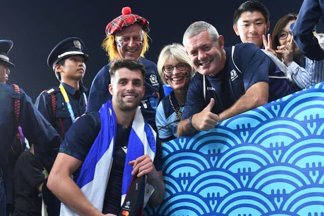 Scotland’s Adam Hastings with his parents Diane and Gavin after the 2019 Rugby World Cup game against Russia in Japan. Picture: Gary Hutchison/SNS