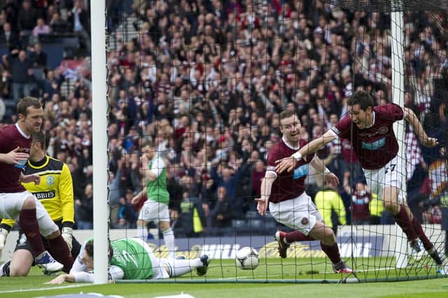 Ryan McGowan (right) races off to celebrate after scoring Hearts' fourth goal at Hampden in the 5-1 Scottish Cup final win over Hibs in 2012