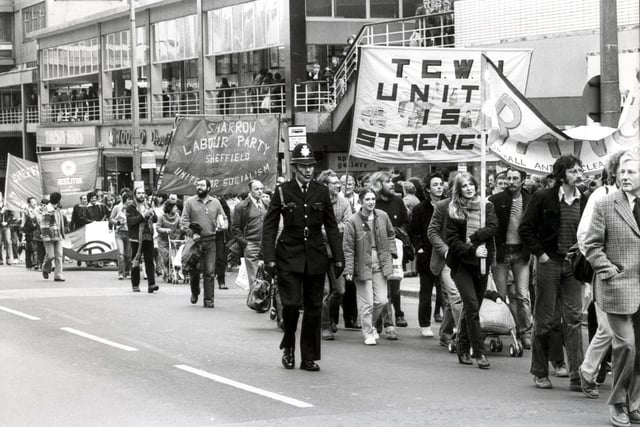The T.U.C. May Day Parade through Sheffield city centre on May 2, 1981
