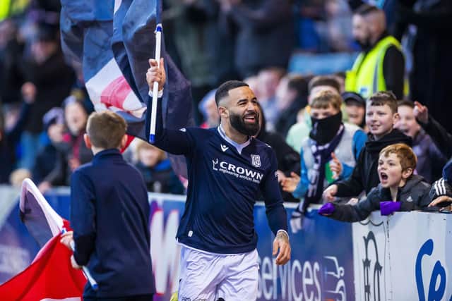 Dundee's Alex Jakubiak celebrates scoring to make it 2-0 against Queen's Park. (Photo by Roddy Scott / SNS Group)