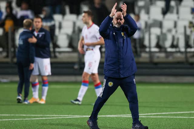 Scotland manager Steve Clarke applauds the fans after the late 1-0 win against the Faroe Isles (Photo by Craig Williamson / SNS Group)
