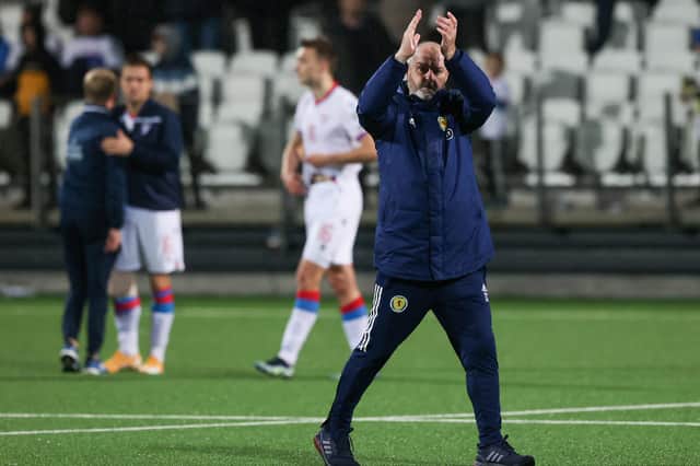 Scotland manager Steve Clarke applauds the fans after the late 1-0 win against the Faroe Isles   (Photo by Craig Williamson / SNS Group)