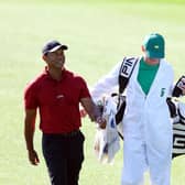 Tiger Woods and amateur Neal Shipley walk on the third hole at Augusta National Golf Club. Picture: Andrew Redington/Getty Images.