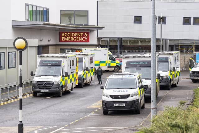 Ambulances outside the accident and emergency department at the Victoria Hospital in Kirkcaldy, Fife. Ambulances waited outside hospitals for the equivalent of more than 41 years in 2024, figures show. Picture: Jane Barlow/PA Wire