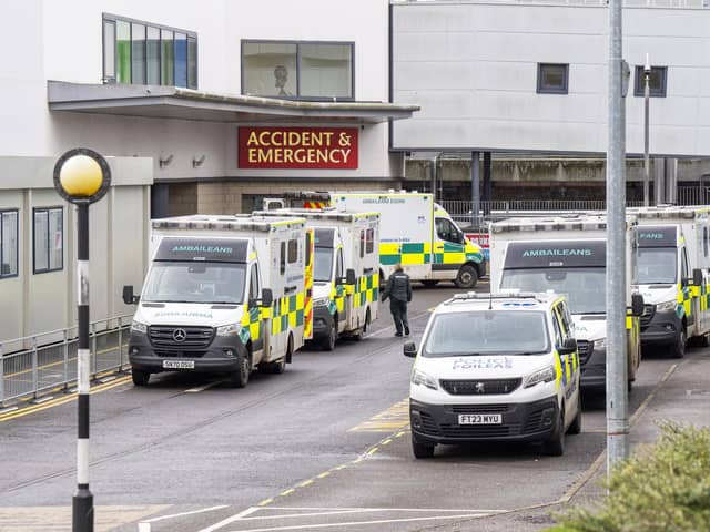 Ambulances outside the accident and emergency department at the Victoria Hospital in Kirkcaldy, Fife. Ambulances waited outside hospitals for the equivalent of more than 41 years in 2024, figures show. Picture: Jane Barlow/PA Wire