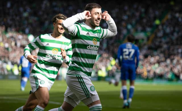 Celtic's Josip Juranovic celebrates making it 4-0 from the penalty spot during a cinch Premiership match between Celtic and St Johnstone at Celtic Park, on April 09, 2022, in Glasgow, Scotland.