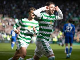 Celtic's Josip Juranovic celebrates making it 4-0 from the penalty spot during a cinch Premiership match between Celtic and St Johnstone at Celtic Park, on April 09, 2022, in Glasgow, Scotland.
