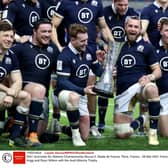 Ryan Wilson, right, lifted the Auld Alliance Trophy with Scotland captain Stuart Hogg. Picture: Laszlo Geczo/INPHO/Shutterstock