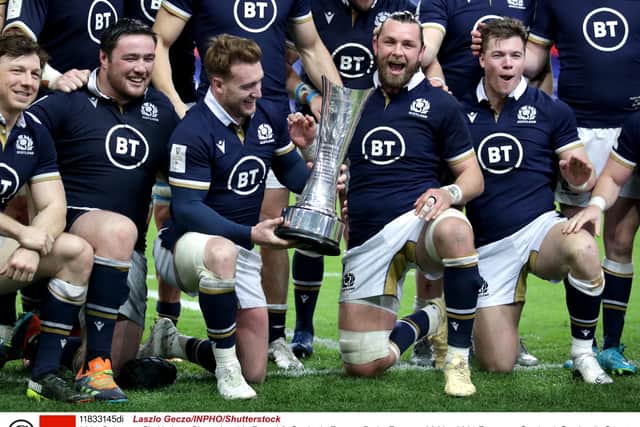 Ryan Wilson, right, lifted the Auld Alliance Trophy with Scotland captain Stuart Hogg. Picture: Laszlo Geczo/INPHO/Shutterstock