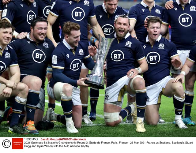 Ryan Wilson, right, lifted the Auld Alliance Trophy with Scotland captain Stuart Hogg. Picture: Laszlo Geczo/INPHO/Shutterstock