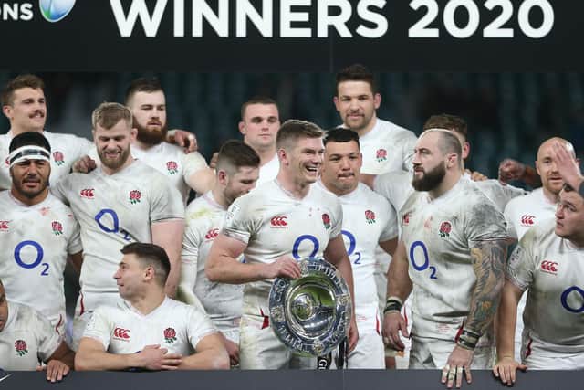 England captain Owen Farrell smiles as England celebrate winning the Triple Crown last year. They went on to win the Six Nations.
