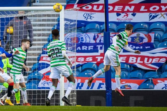 The ball flicks off the shoulder of Celtic captain Callum McGregor to give Rangers the only goal of the game at Ibrox. (Photo by Craig Williamson / SNS Group)