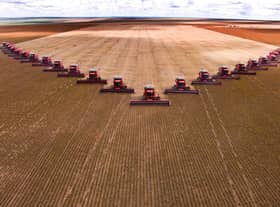 Mass soybean harvesting at a farm in Campo Verde, Brazil