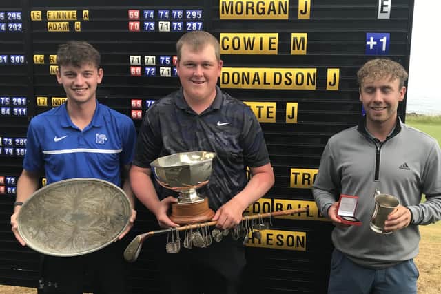2023 East of Scotland Open winner Andrew Davidson, centre, flanked by runner-up James Morgan, left and third-placed Mitchell Cowie, right, at Lundin. Picture: East of Scotland Open.