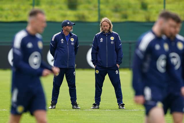 Scotland manager Steve Clarke with assistant Austin MacPhee during a training session at Oriam, Edinburgh.
