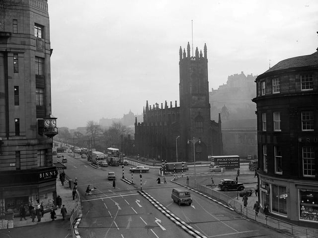 West End of Edinburgh, looking into Princes Street showing Binns corner and St John's Church.