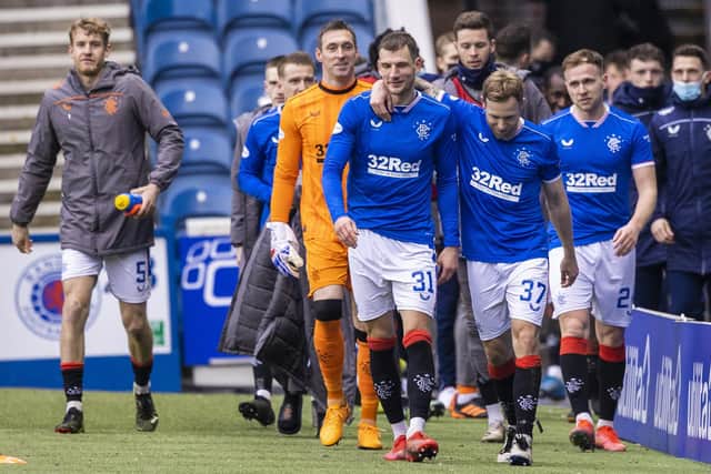 Rangers' players celebrate at full time during a Scottish Premiership match between Rangers and St Mirren at Ibrox Stadium, on March 06, 2021, in Glasgow, Scotland. (Photo by Craig Williamson / SNS Group)