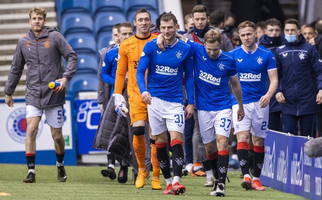 Rangers' players celebrate at full time during a Scottish Premiership match between Rangers and St Mirren at Ibrox Stadium, on March 06, 2021, in Glasgow, Scotland. (Photo by Craig Williamson / SNS Group)