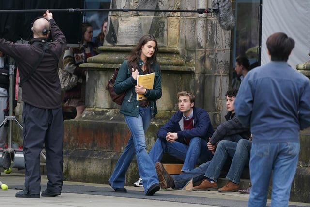 Bellamy was dressed in clothes that would not have been out of place in the early 2000s – when the couple attended the university – including bootcut jeans with a pleated leather belt, and high-heeled suede boots.