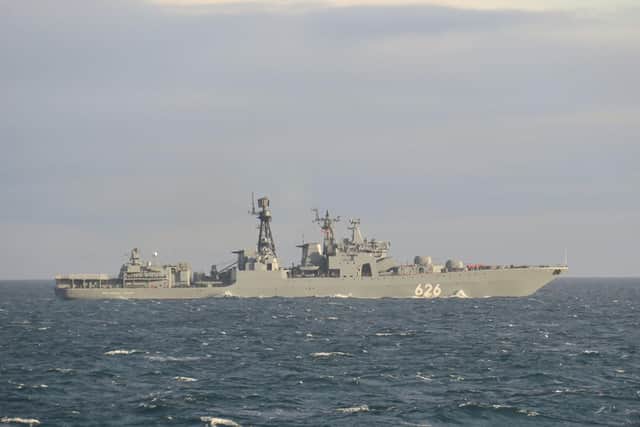 The Udaloy-class destroyer Vice-Admiral Kulakov, one of four Russian ships that the HMS Tyne kept watch over as they sheltered from rough weather in the seas off the east coast of Scotland (credit: PA Photo).